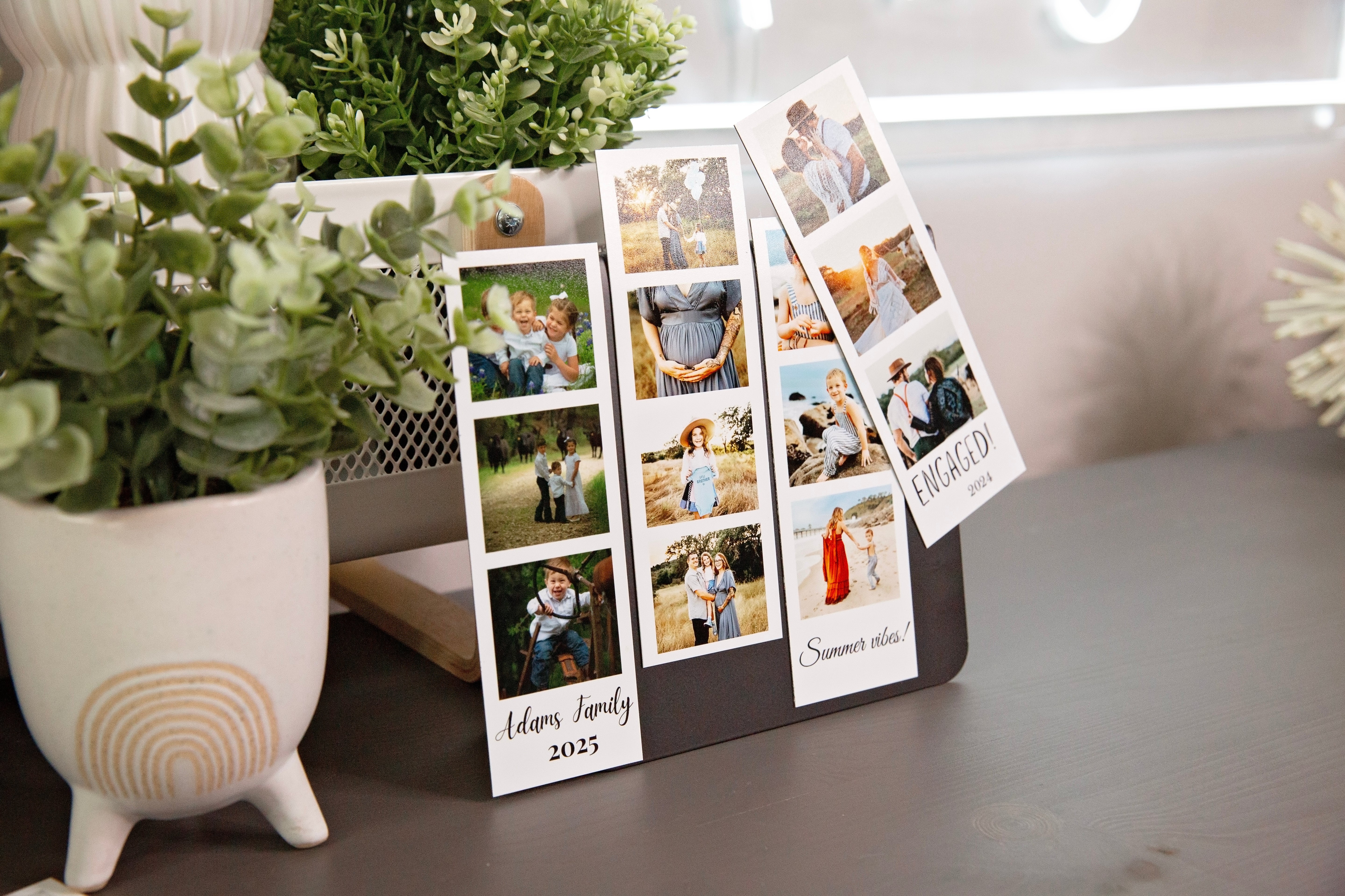 Custom photo strips displaying family, pregnancy, kids, and wedding images, some with personalized text and some without.